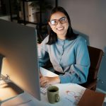 Cyber, hacker or business woman with computer for futuristic cybersecurity, research or blockchain