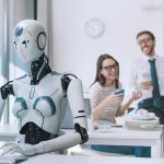 Efficient AI robot working and lazy employees