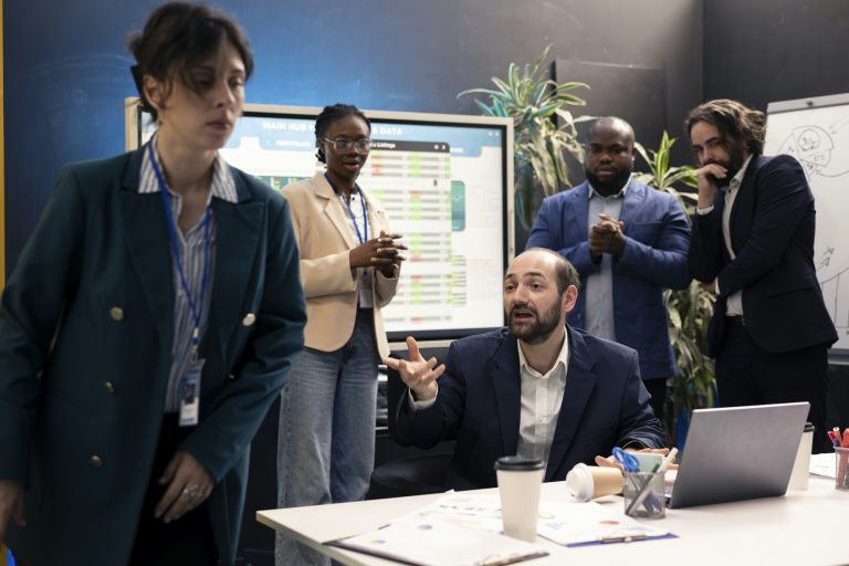 Overworked woman deciding to quit her job during important meeting