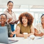 Business women, computer and team planning, collaboration and happy presentation in marketing meeti